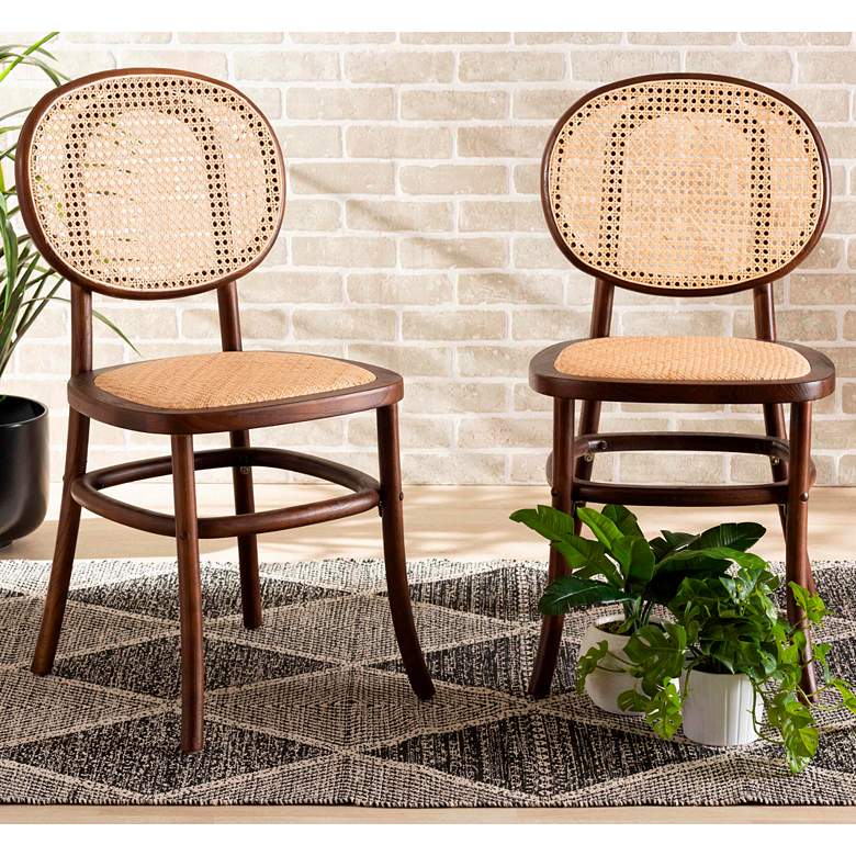 Image 1 Garold Beige Rattan Walnut Brown Wood Dining Chairs Set of 2