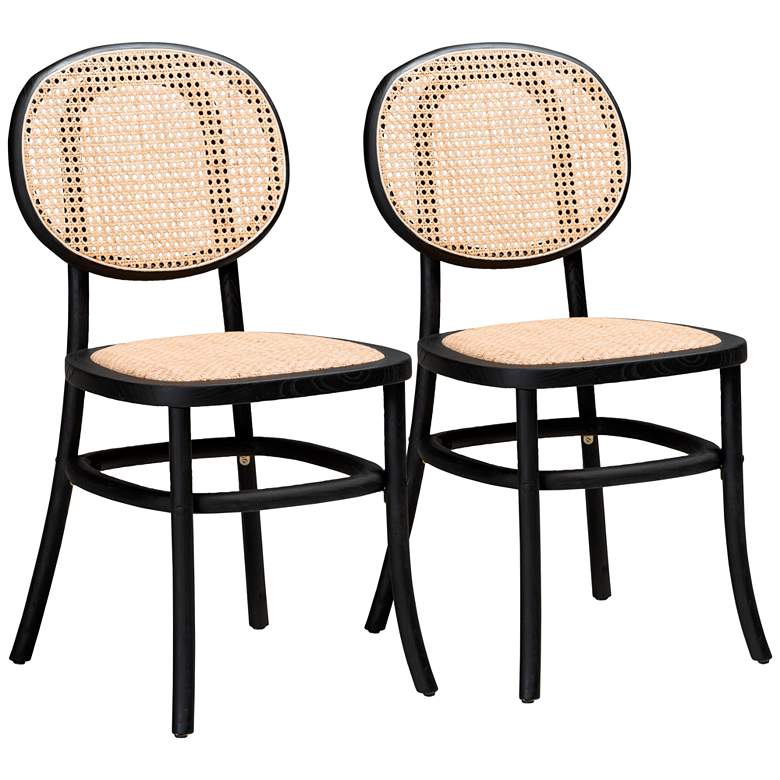 Image 2 Garold Beige Woven Rattan Black Wood Dining Chairs Set of 2