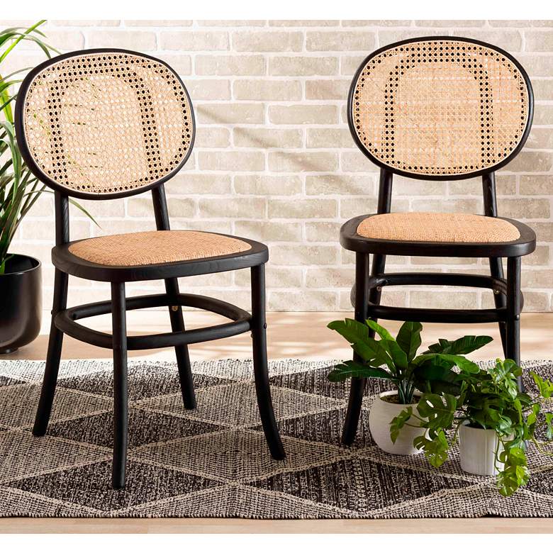 Image 1 Garold Beige Woven Rattan Black Wood Dining Chairs Set of 2