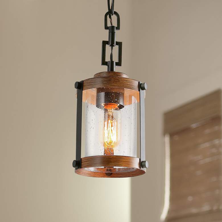 Image 1 Gasil 6" Wide Pine Faux Wood and Black Mini Pendant
