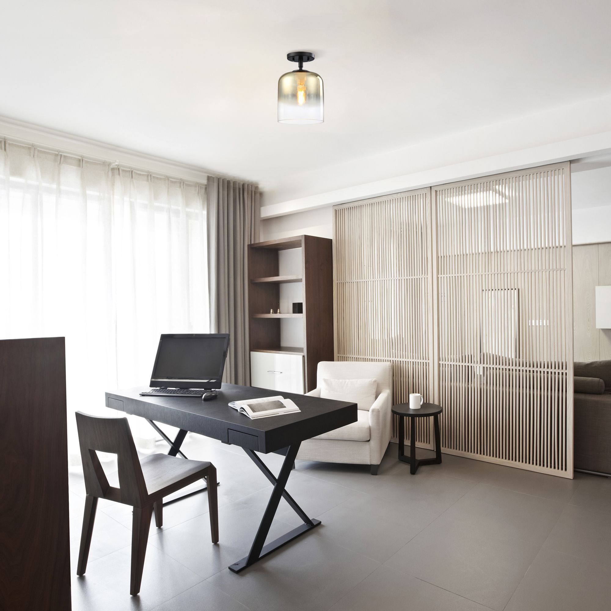 Image 7 Gatsby 8.5 in. 1-Light Matte Black Mid-Century Modern Semi Flush Mount more views