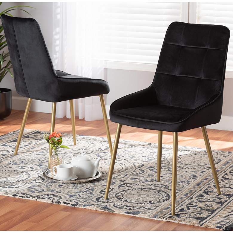 Image 1 Gavino Black Velvet Fabric Tufted Dining Chairs Set of 2