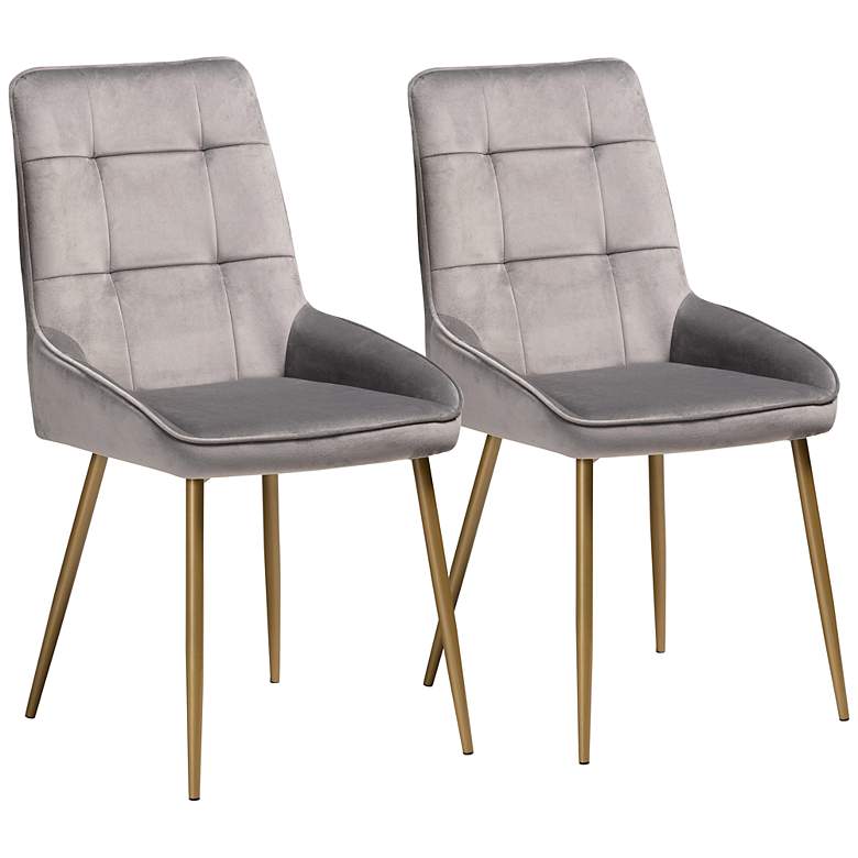 Image 2 Gavino Gray Velvet Fabric Tufted Dining Chairs Set of 2
