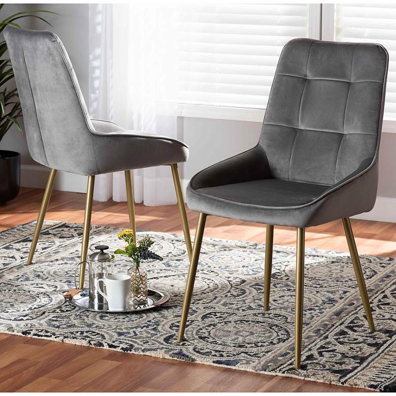 Image 1 Gavino Gray Velvet Fabric Tufted Dining Chairs Set of 2