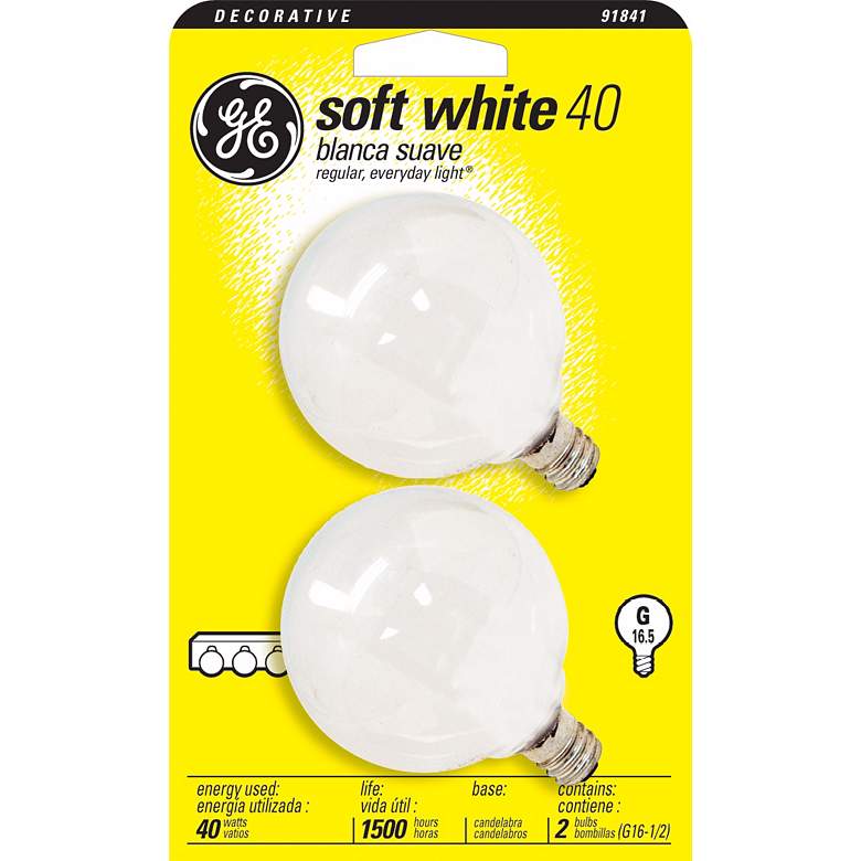 Image 1 GE 2-pack G16-1/2 Candelabra Base 40 Watt Light Bulbs