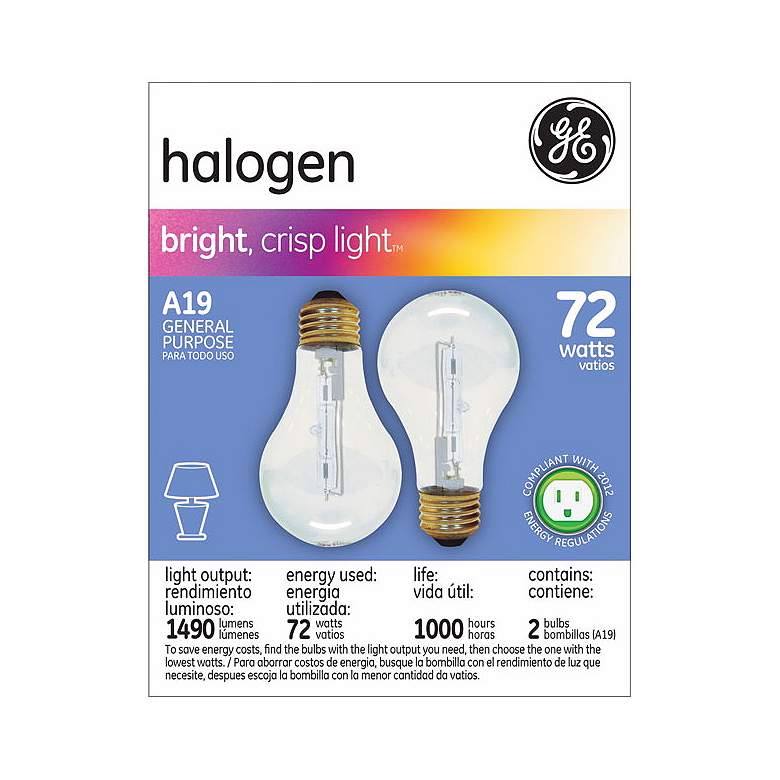 Image 1 GE 72 Watt 2-Pack a-19 Clear Halogen Light Bulbs