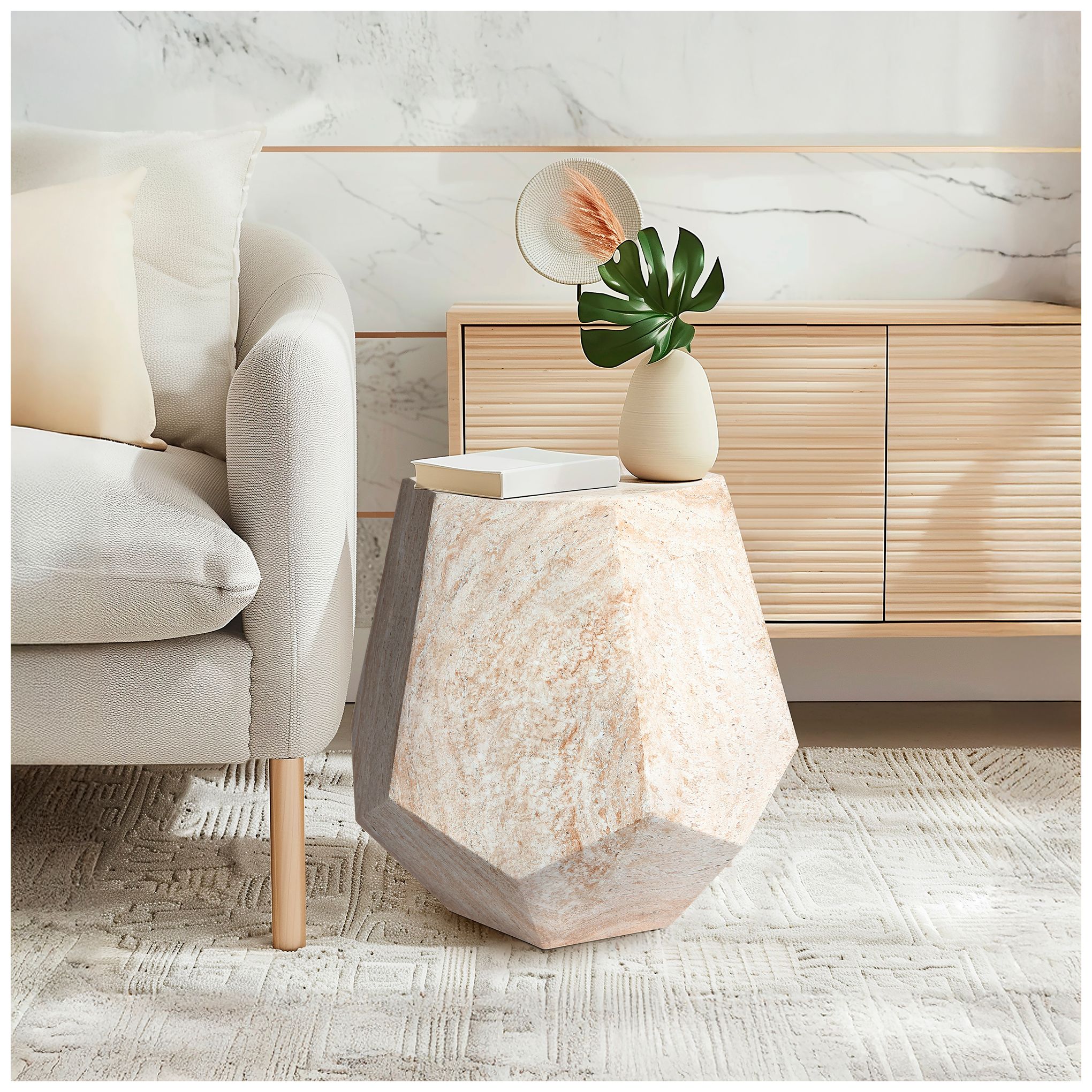 Image 5 Geaometric Travertine Stone Finish Italian Design MgO Side Accent Table more views