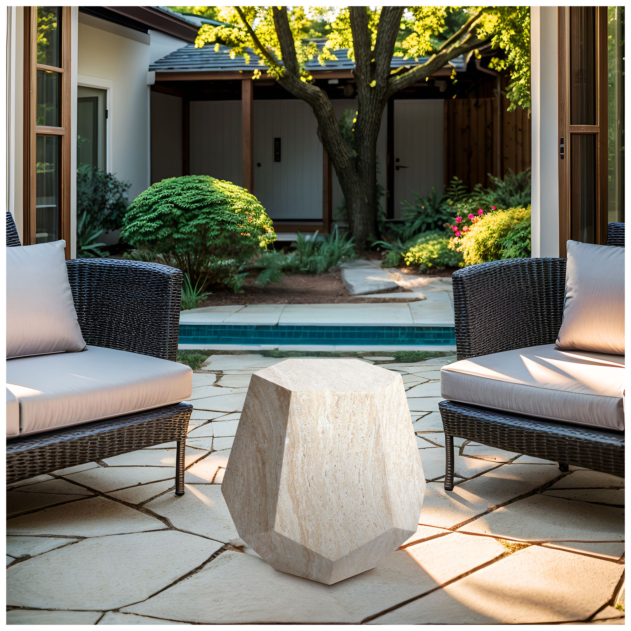 Image 6 Geaometric Travertine Stone Finish Italian Design MgO Side Accent Table more views
