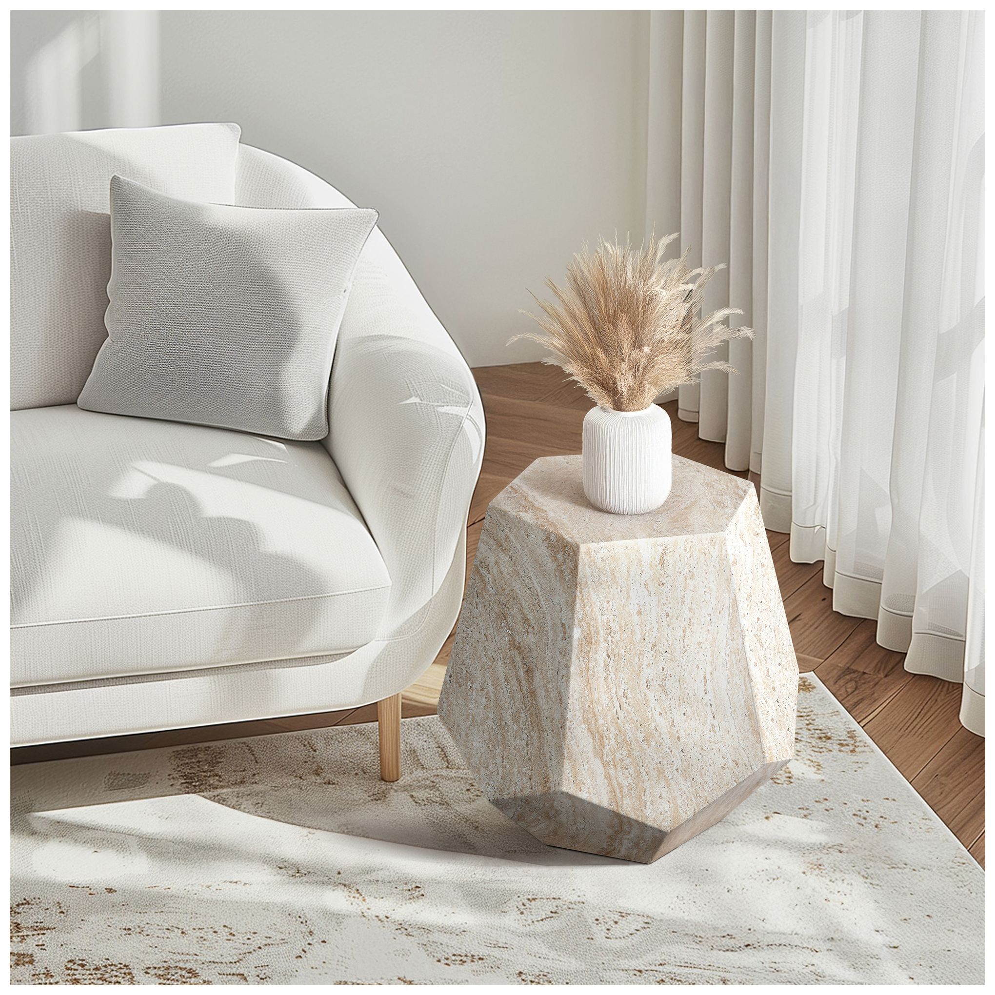 Image 7 Geaometric Travertine Stone Finish Italian Design MgO Side Accent Table more views