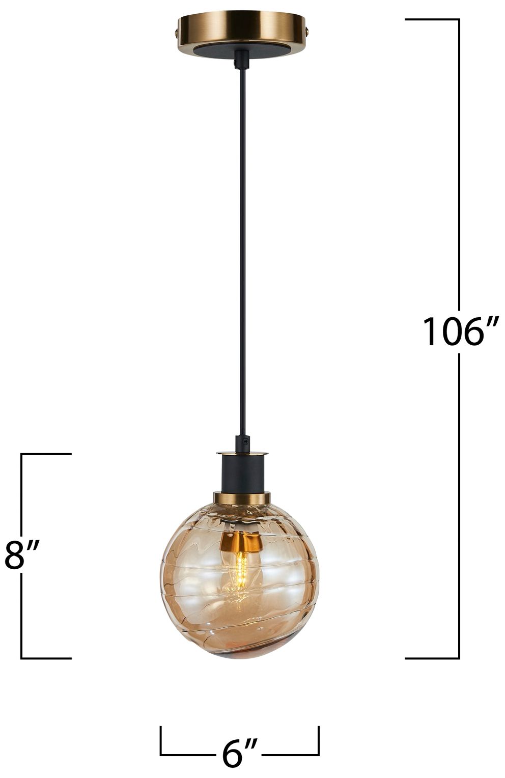 Gem 6" Wide Black Pendant With Amber Glass Shade