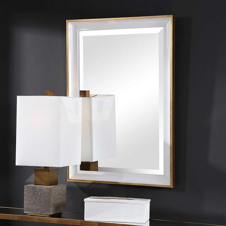 Image 5 Gema Gold Leaf and White 24 inch x 34 inch Vanity Wall Mirror more views