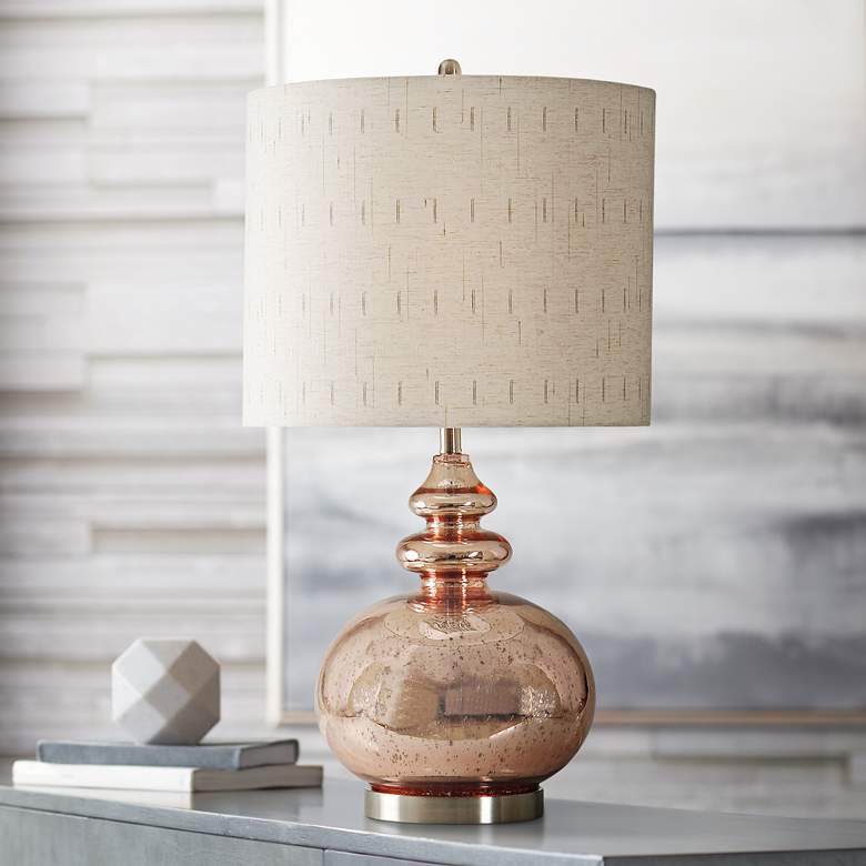 Image 1 Gemvara Rose Gold Table Lamp with Beige Designer Print Shade