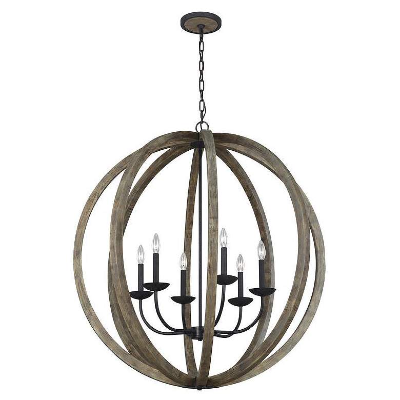 Image 1 Generation Lighting Allier 38" Weathered Oak Wood 6-Light Orb Pendant