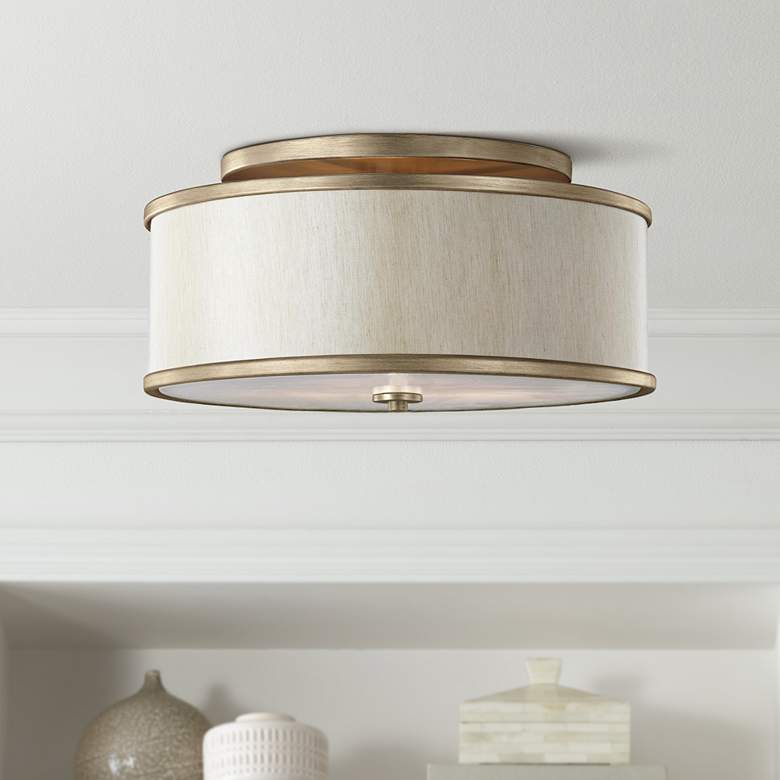 Image 1 Generation Lighting Lennon 20" Gold and Cream Linen Drum Ceiling Light