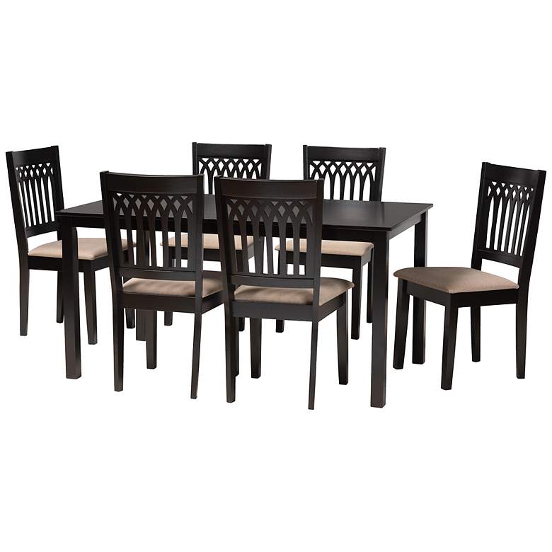 Image 2 Genesis Beige Fabric Dark Brown Wood 7-Piece Dining Set