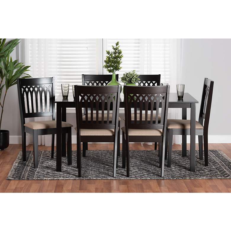 Image 1 Genesis Beige Fabric Dark Brown Wood 7-Piece Dining Set