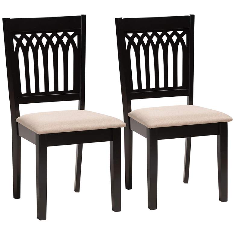Image 2 Genesis Beige Fabric Dark Brown Wood Dining Chairs Set of 2