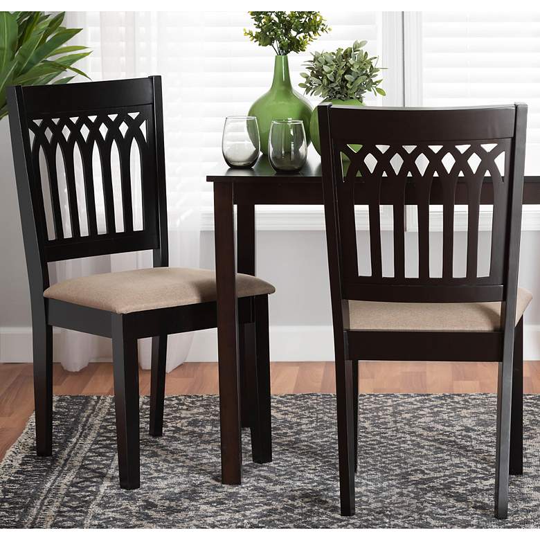 Image 1 Genesis Beige Fabric Dark Brown Wood Dining Chairs Set of 2