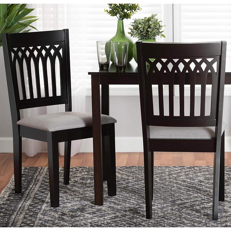 Image 1 Genesis Gray Fabric Dark Brown Wood Dining Chairs Set of 2