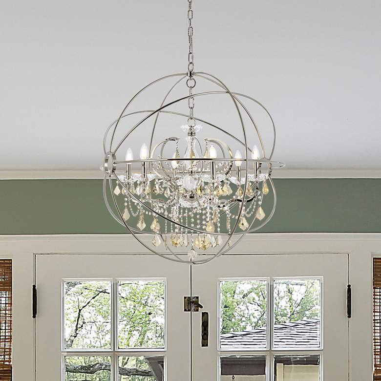 Image 1 Geneva 6 Lt Polished Nickel Chandelier Golden Teak