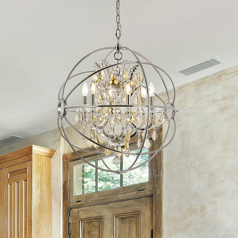Image 1 Geneva 6 Lt Polished Nickel Chandelier Golden Teak