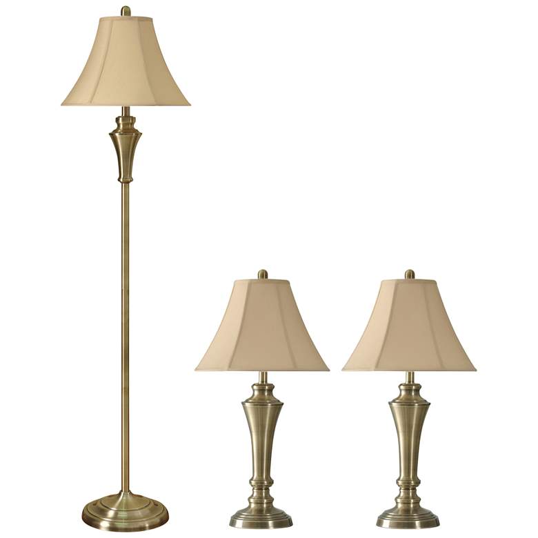 Image 1 Geneva Taupe Antique Brass 3-Piece Floor and Table Lamp Set
