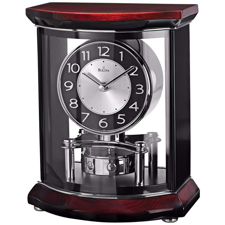 Image 1 Gentry 10 1/2" High Wood And Glass Bulova Mantel Clock