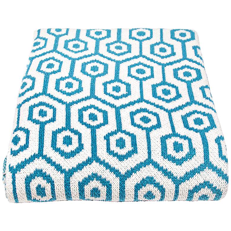 Image 1 Geo Tiles Milk and Aqua Blue Jacquard Knit Throw Blanket
