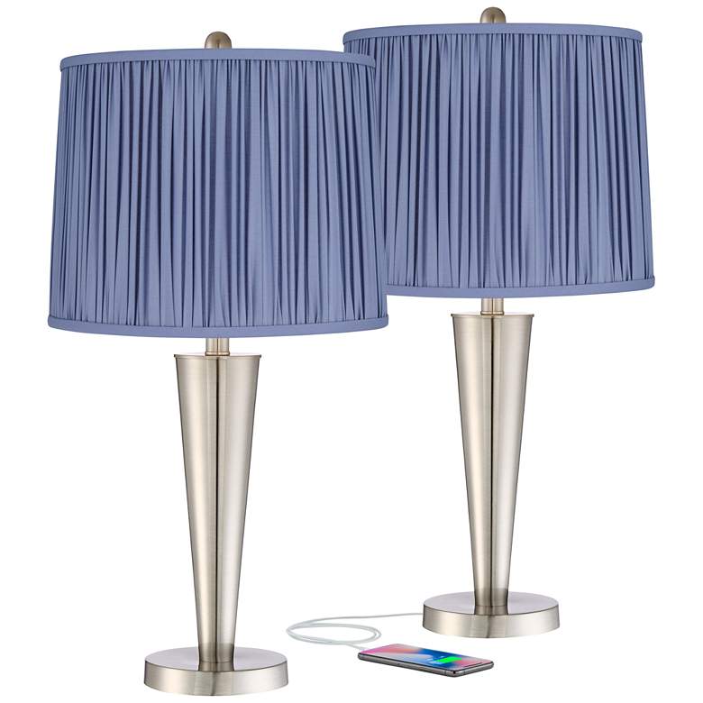 Geoff Brushed Nickel USB Table Lamp Set of 2 with Blue Shade