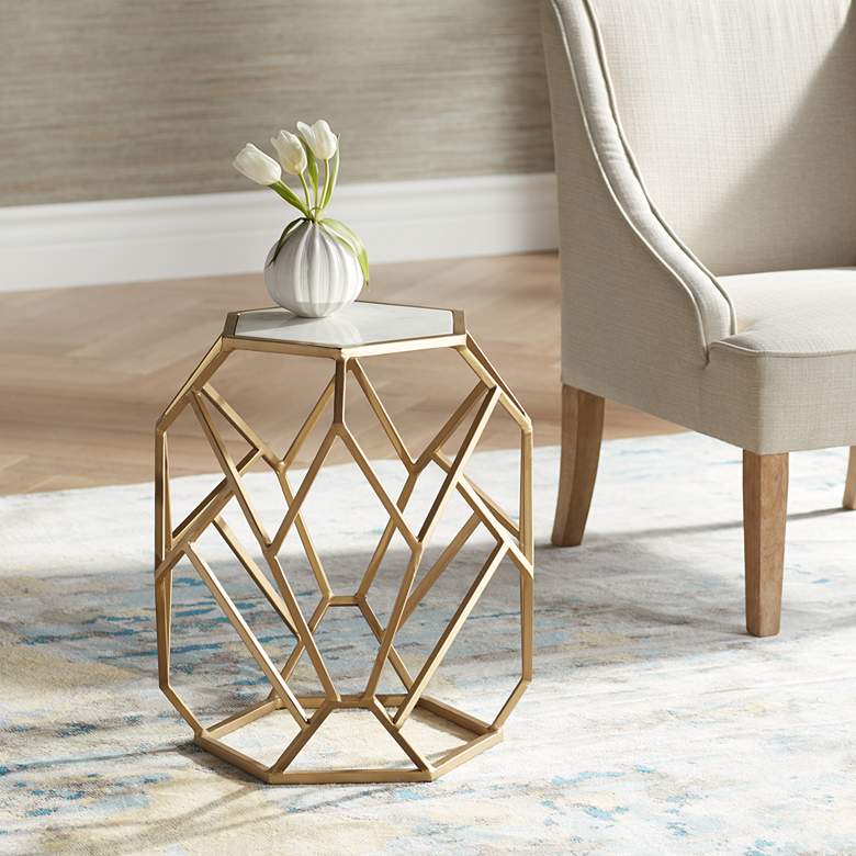 Image 2 Geometric 20 1/2 inch Wide Gold Marble Hexagon Accent Table