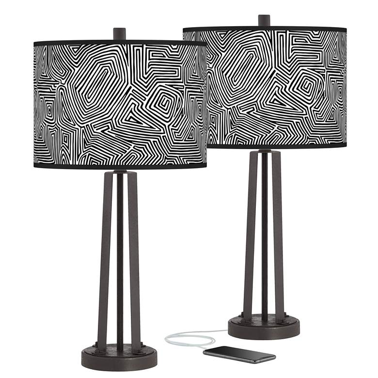 Image 1 Geometric Maze Susan Dark Bronze USB Table Lamps Set of 2