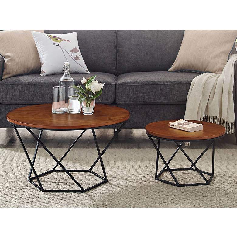 Image 1 Geometric Walnut and Black 2-Piece Modern Coffee Table Set
