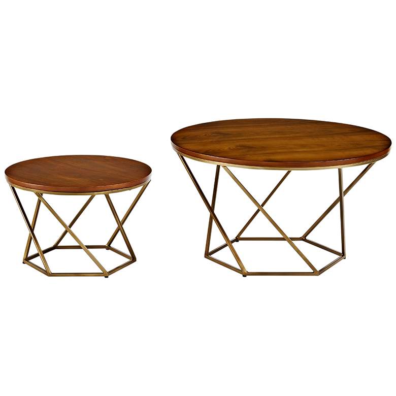 Image 1 Geometric Walnut and Gold 2-Piece Modern Coffee Table Set