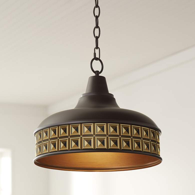 Image 1 Geometric Woodblocks 15" Wide Benson Bronze Pendant Light