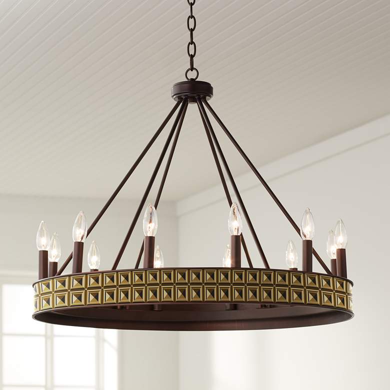 Image 1 Geometric Woodblocks Jessa 29 1/2"W Bronze Wheel Chandelier