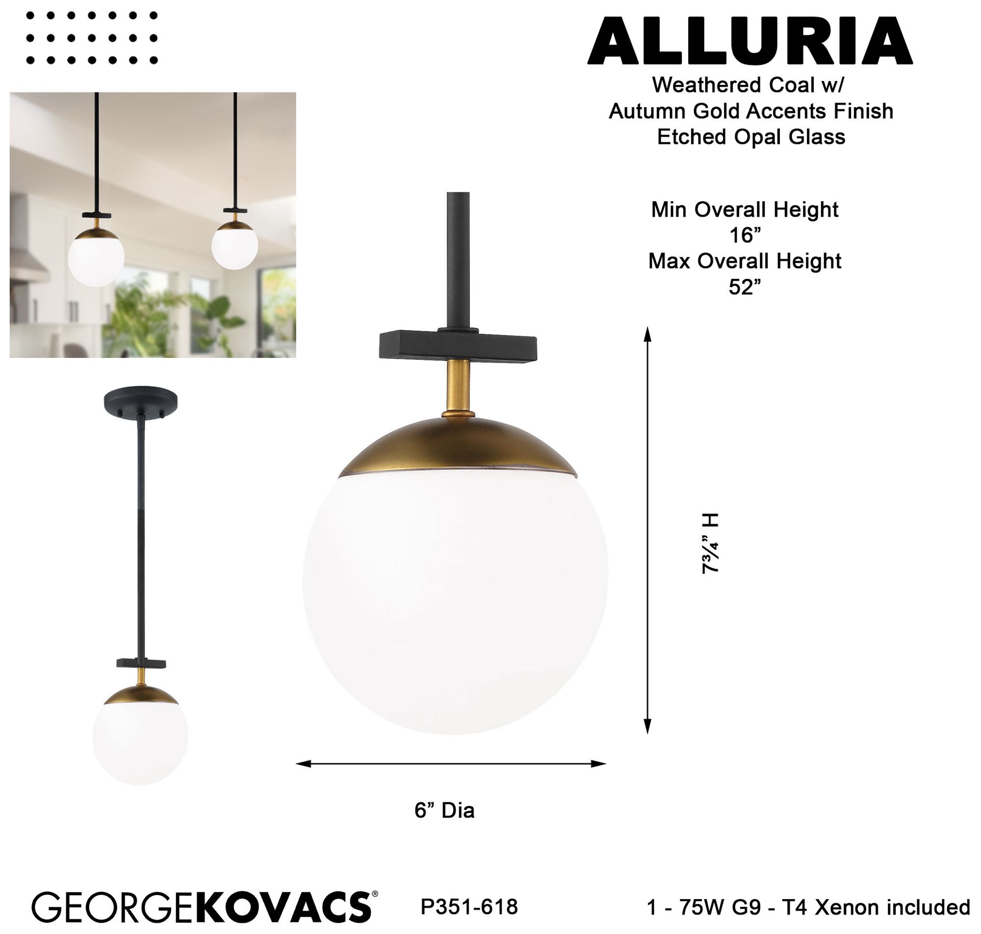 George Kovacs Alluria 1-Light Weather Coal and Autumn Gold Mini Pendant
