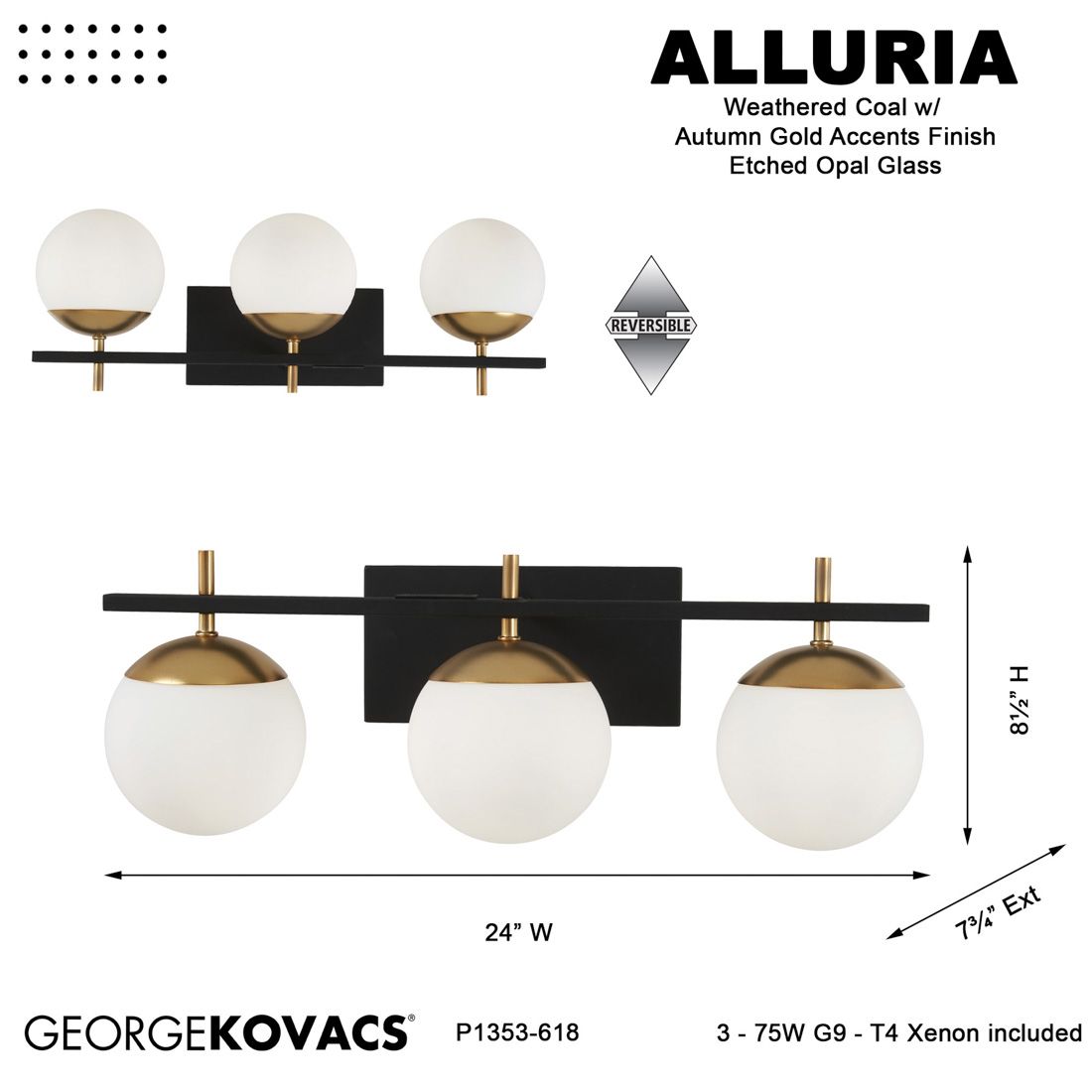 George Kovacs Alluria 24" Black and Gold 3-Light Modern Bath Light