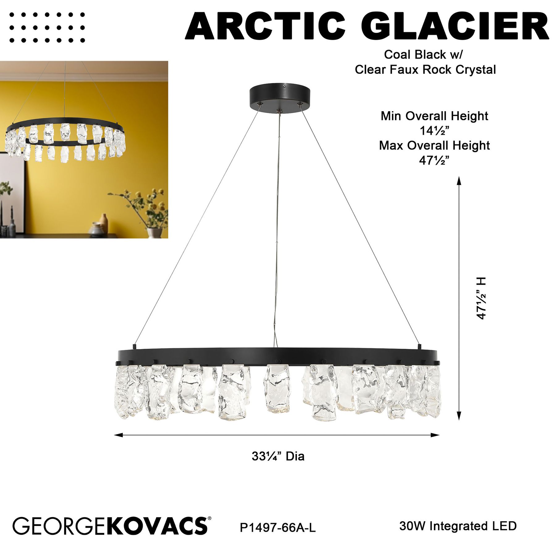 George Kovacs Artic Glacier LED Black Pendant with Clear Rock Crystal