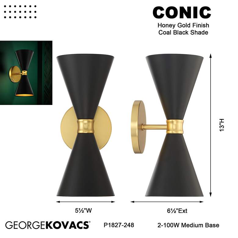 Image 7 George Kovacs Conic 2-Light Honey Gold and Black Wall Sconce more views