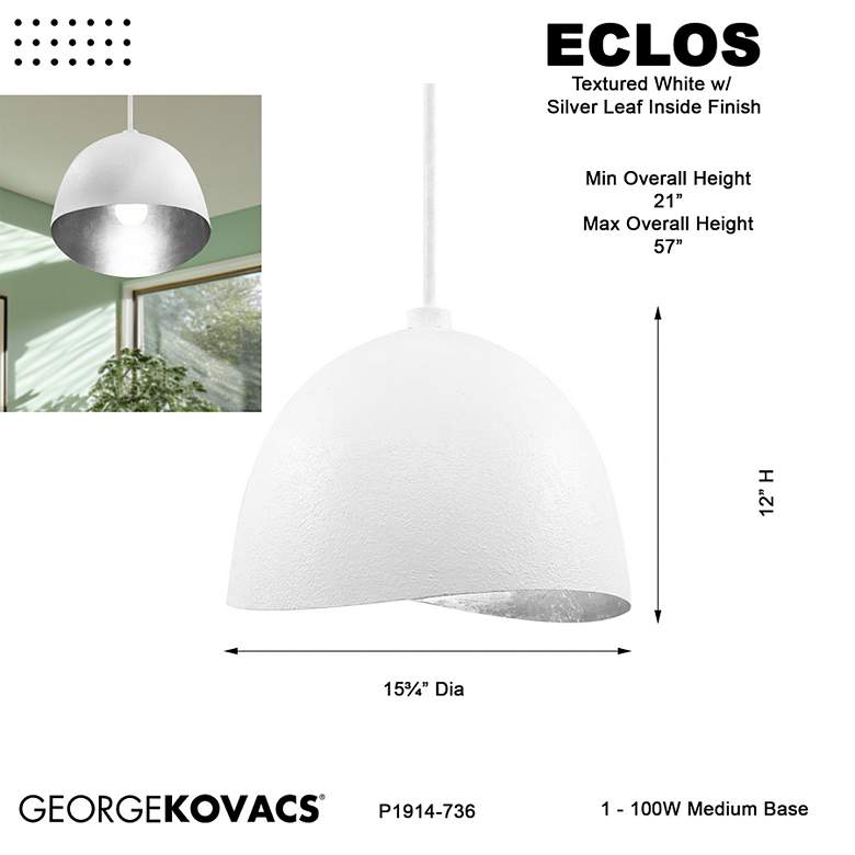 Image 7 George Kovacs Eclos 1-Light 15.75-in Texture White with Silver Leaf Pendant more views