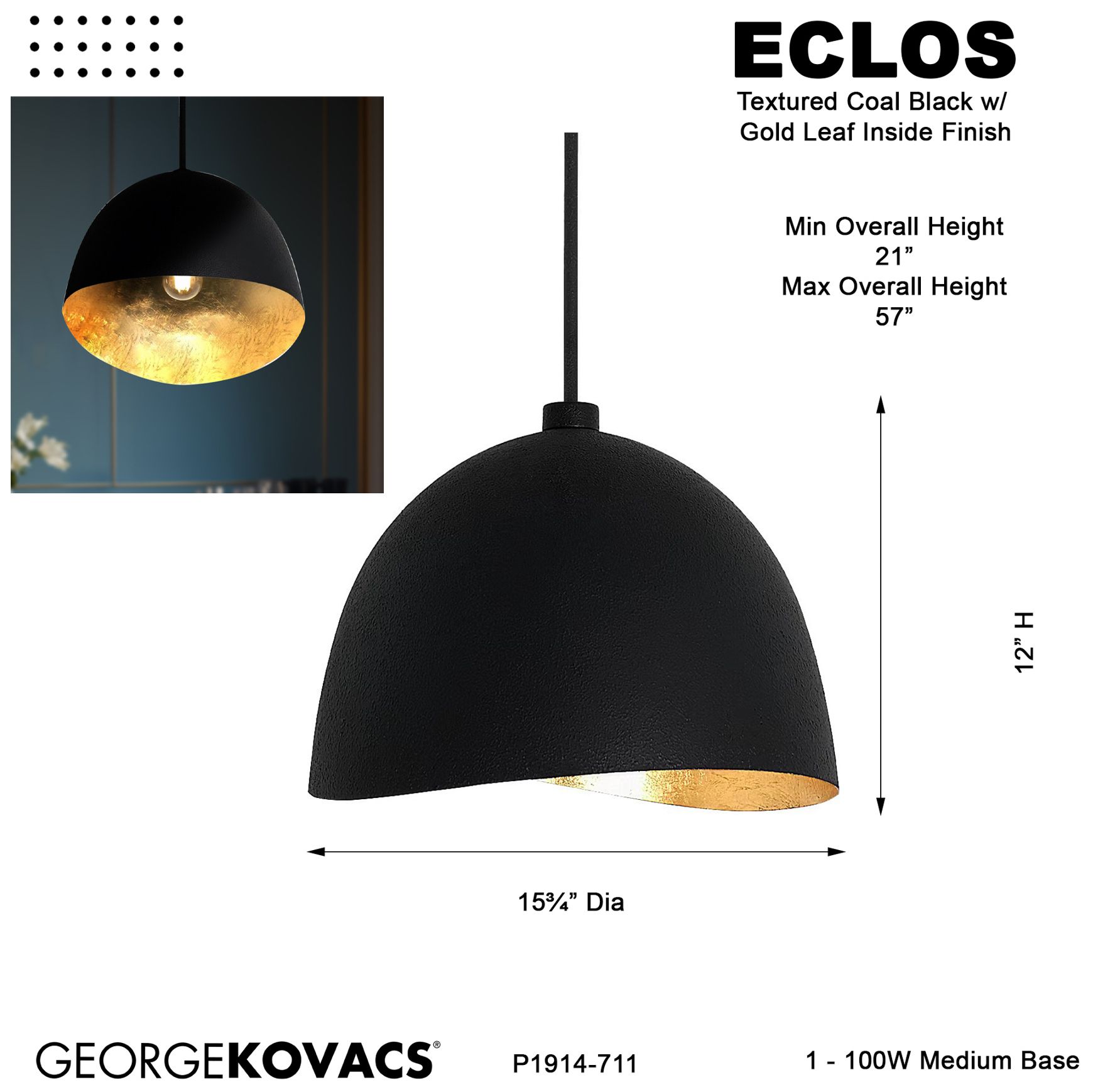 George Kovacs Eclos 1-Light 15.75-inch Sand Black with Gold Leaf Pendant