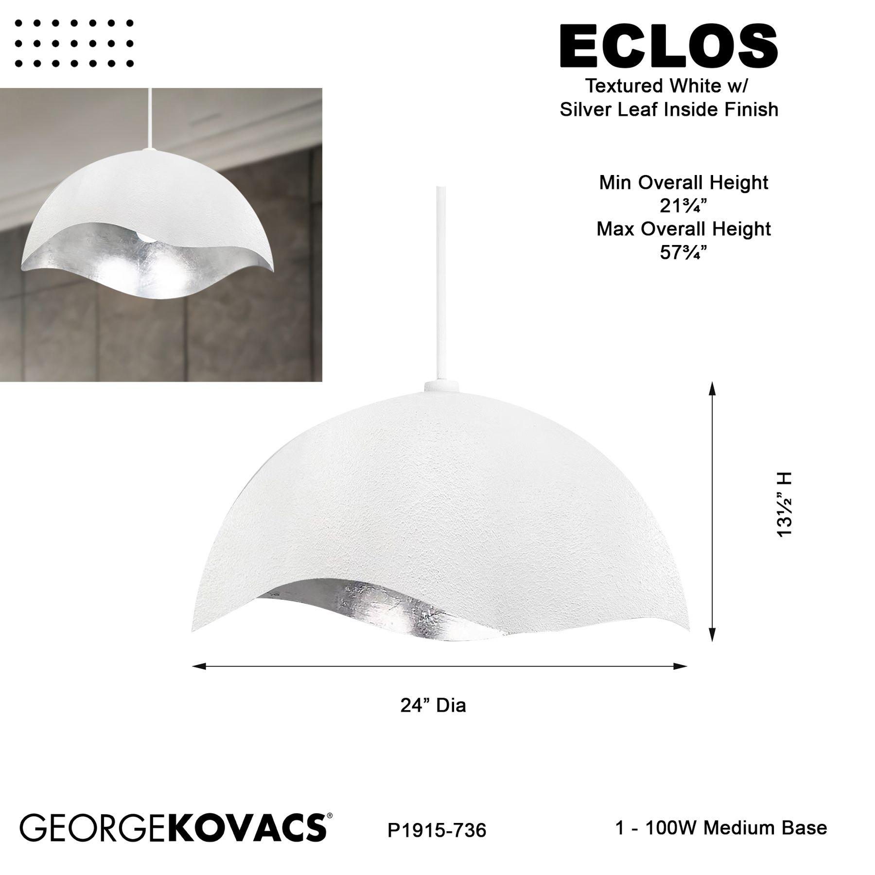George Kovacs Eclos 1-Light Textured White with Silver Leaf Pendant