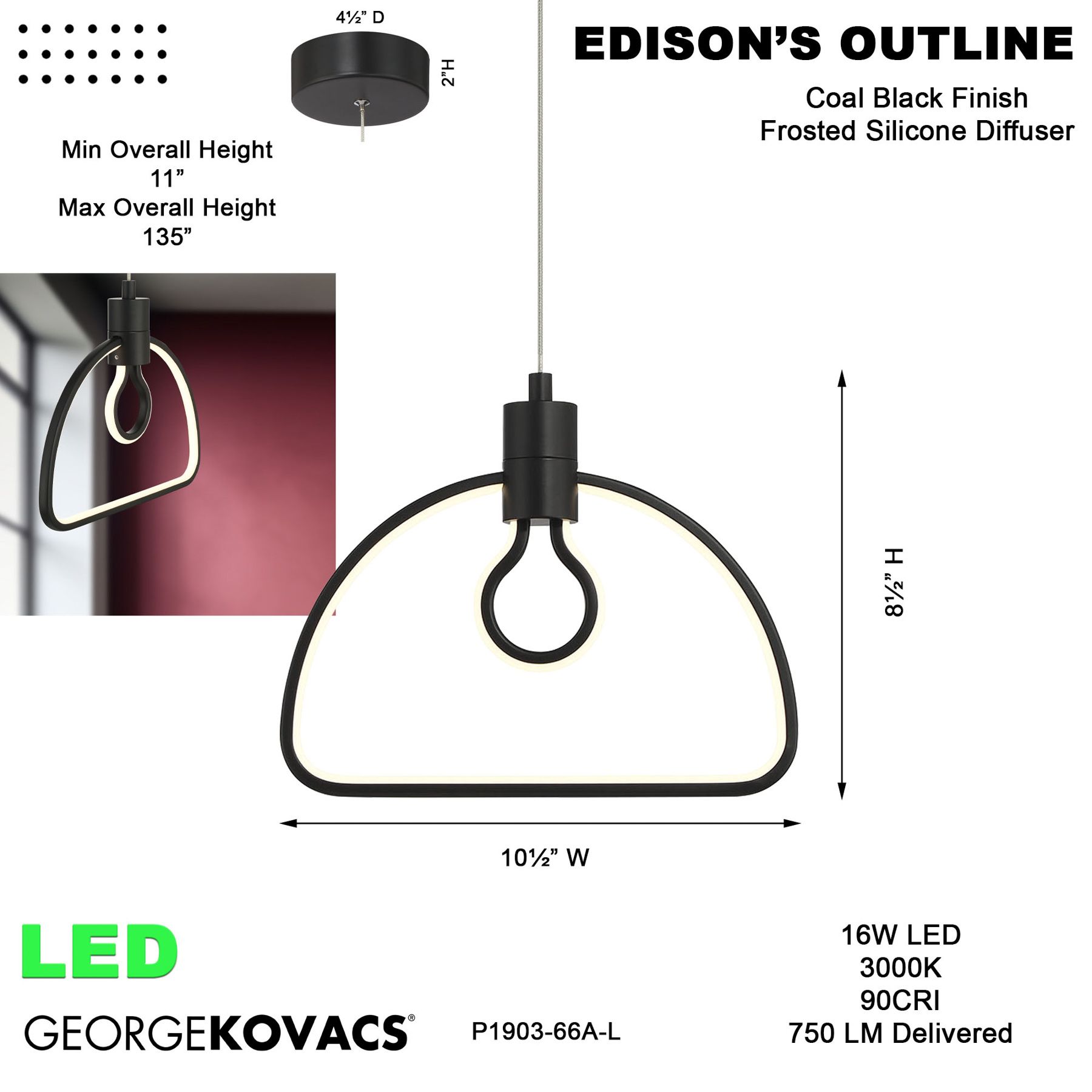 George Kovacs Edison's Outline LED 10.38-inch Black Pendant