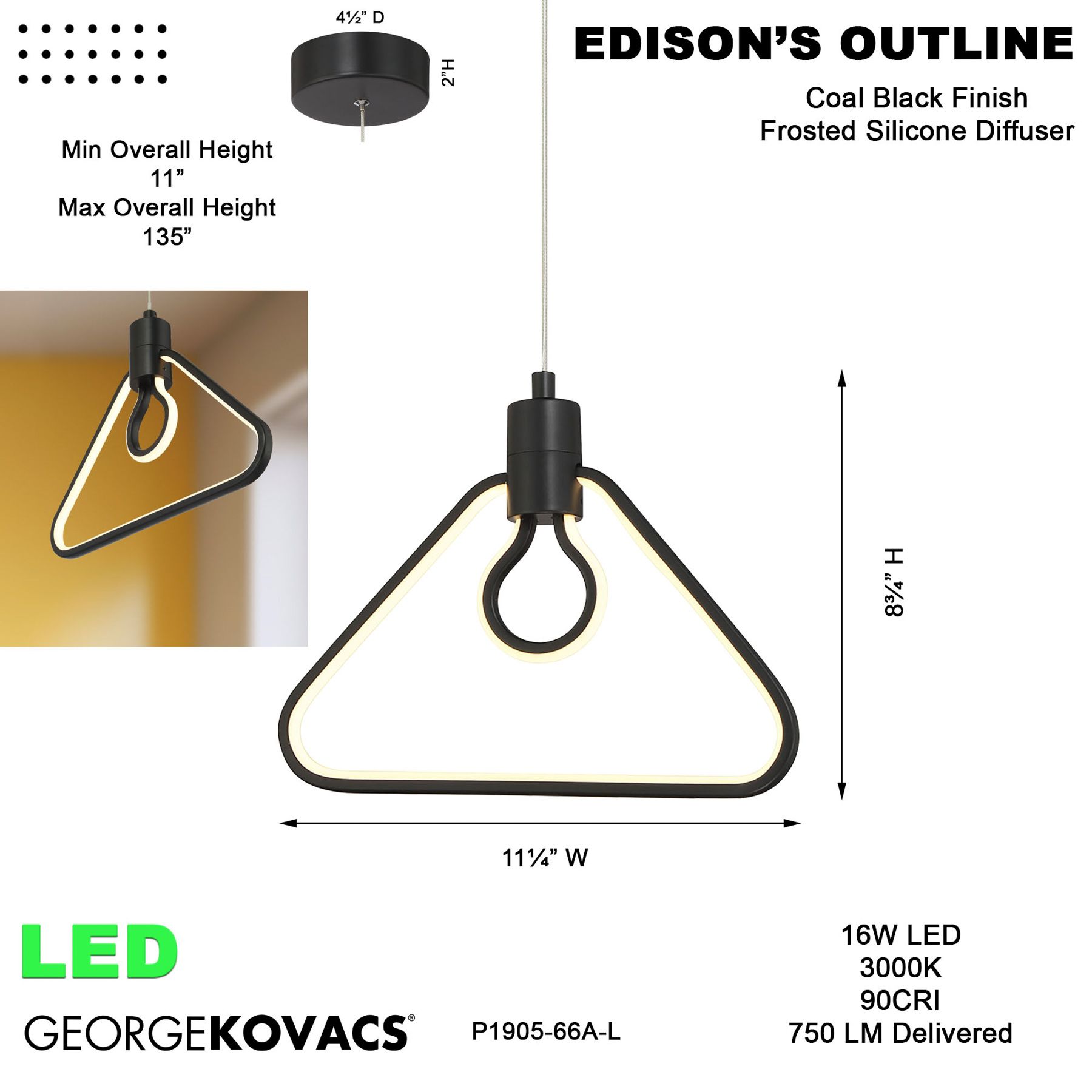 George Kovacs Edison's Outline LED 11.25-inch Black Pendant