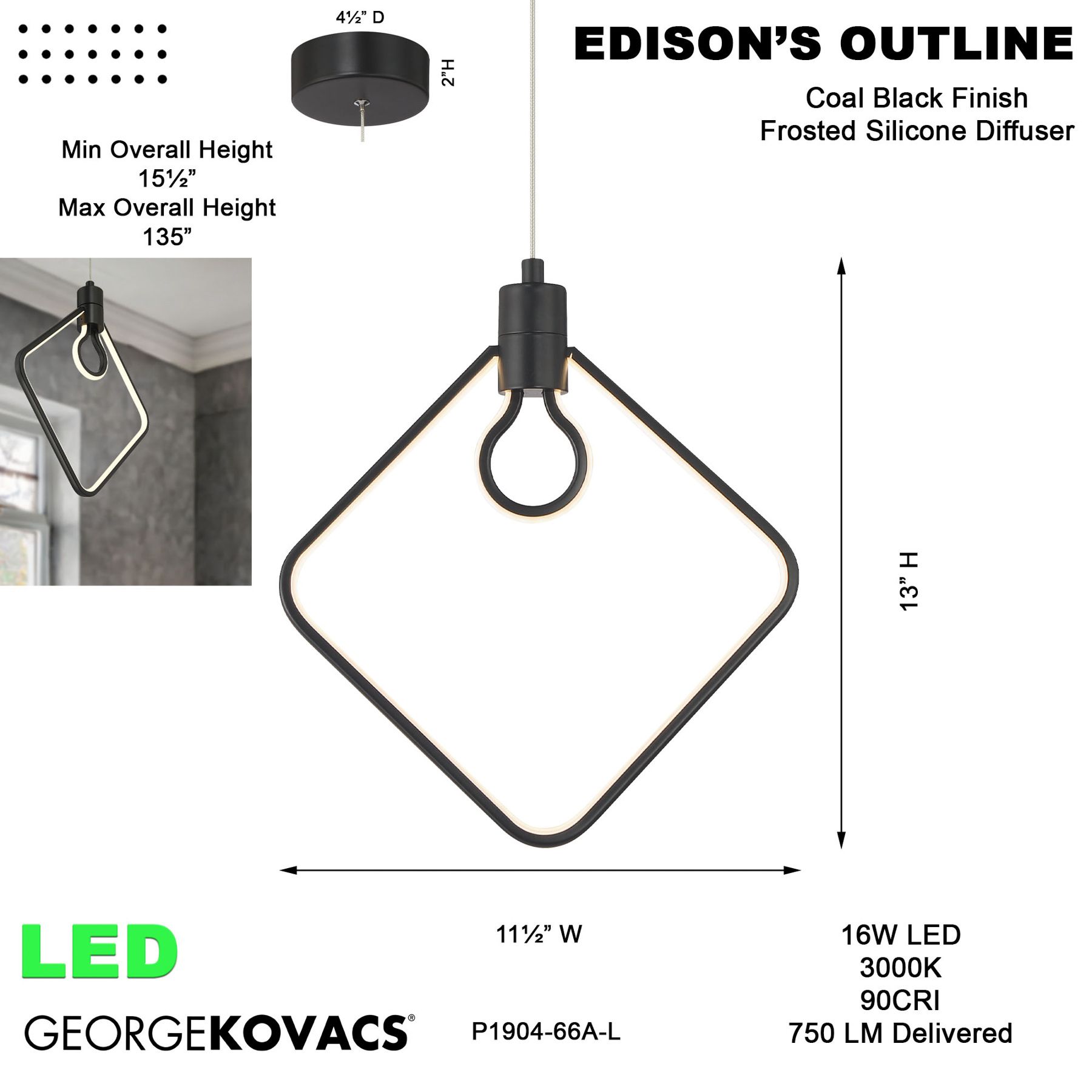 George Kovacs Edison's Outline LED 11.5-inch Black Pendant