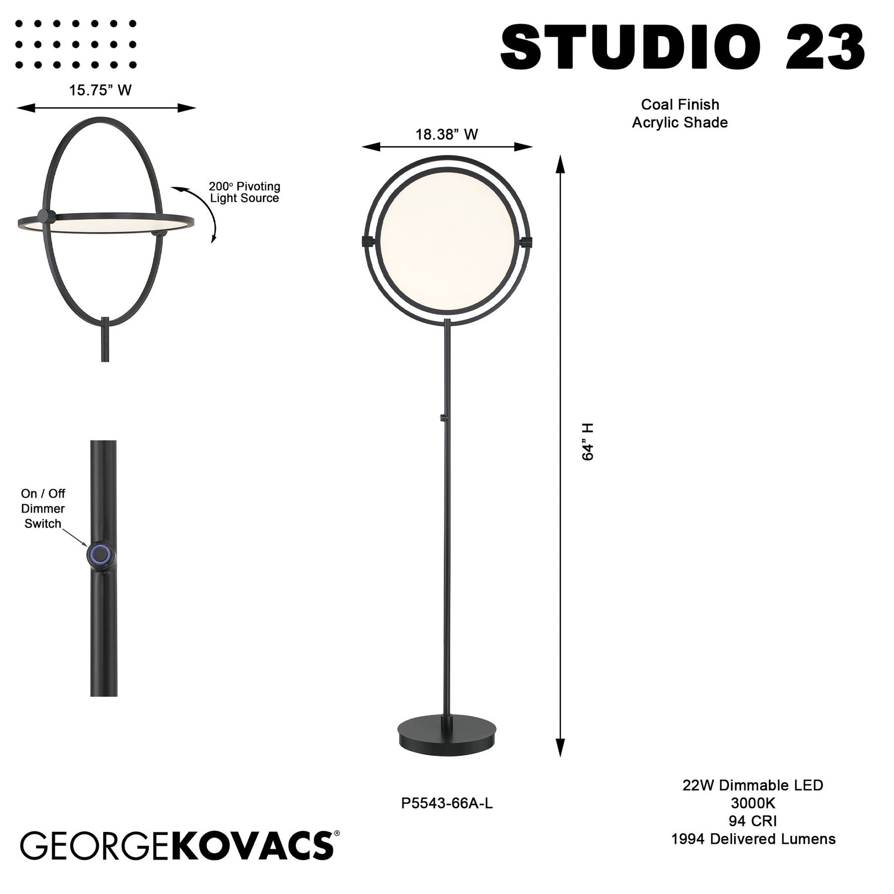 Image 7 George Kovacs Studio 23 LED Coal Black Floor Lamp with Clear Acrylic Shade more views