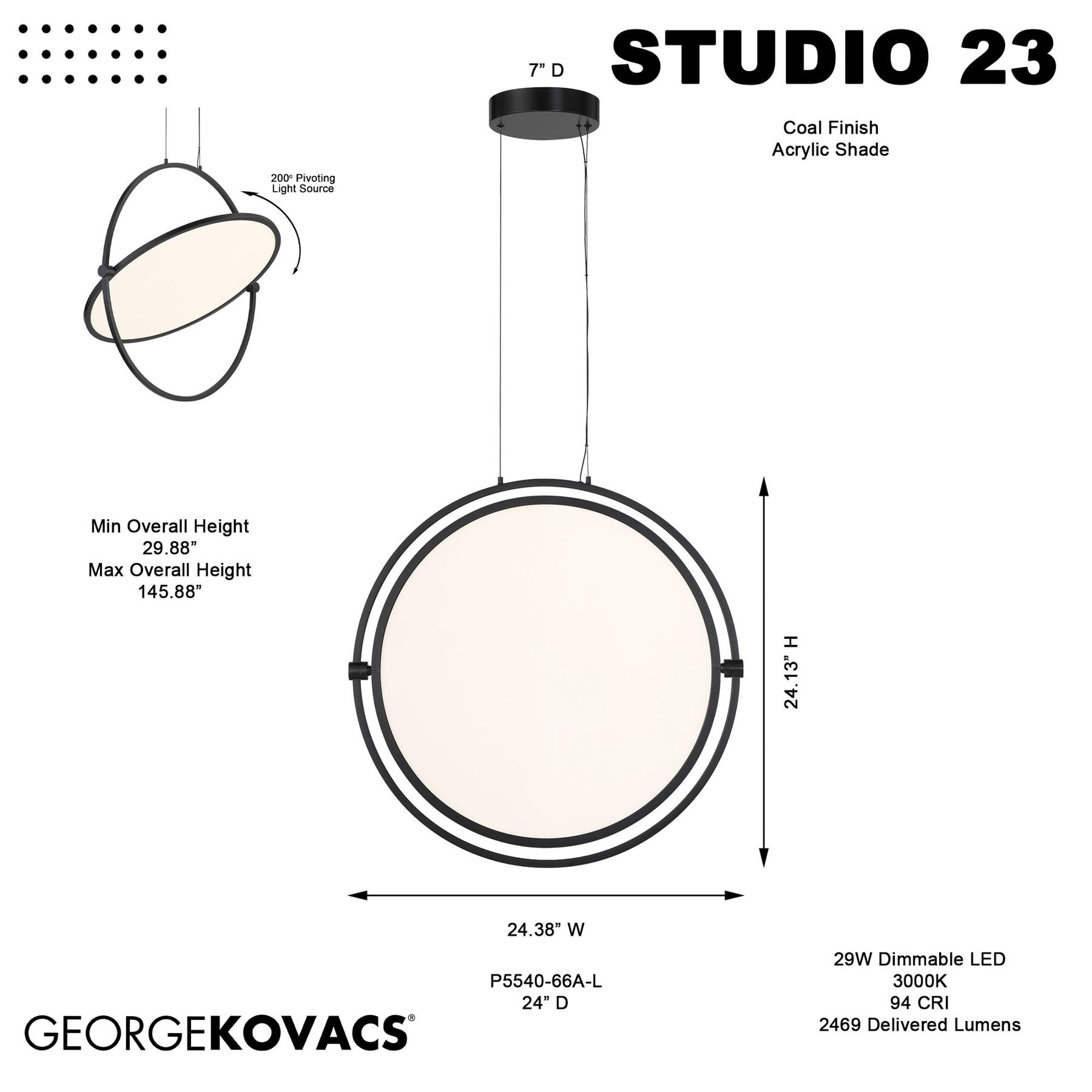 George Kovacs Studio 23 LED Coal Black Pendant with Clear Acrylic Shade