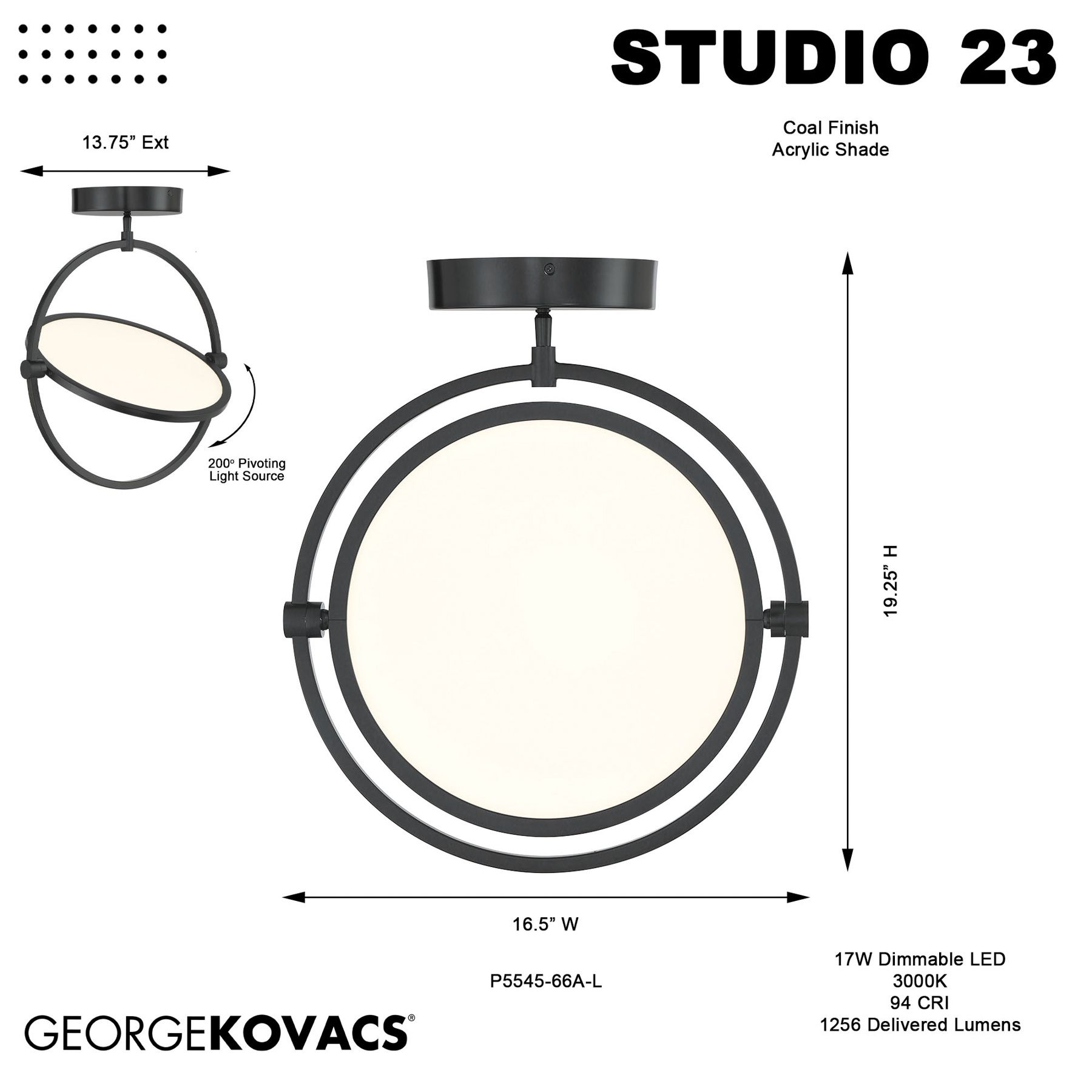 Image 6 George Kovacs Studio 23 LED Coal Black Semi-Flush with Clear Acrylic Shade more views