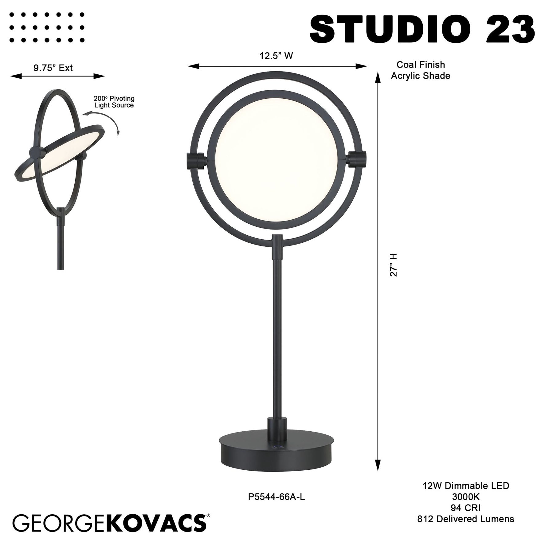 George Kovacs Studio 23 LED Coal Black Table Lamp with Clear Acrylic Shade