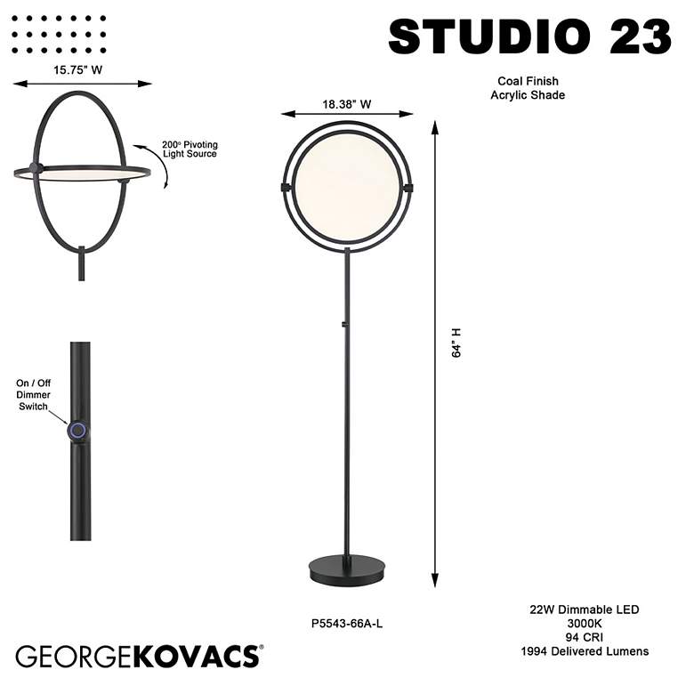 Image 7 George Kovacs Studio 64" Modern LED Black Finish Floor Lamp more views